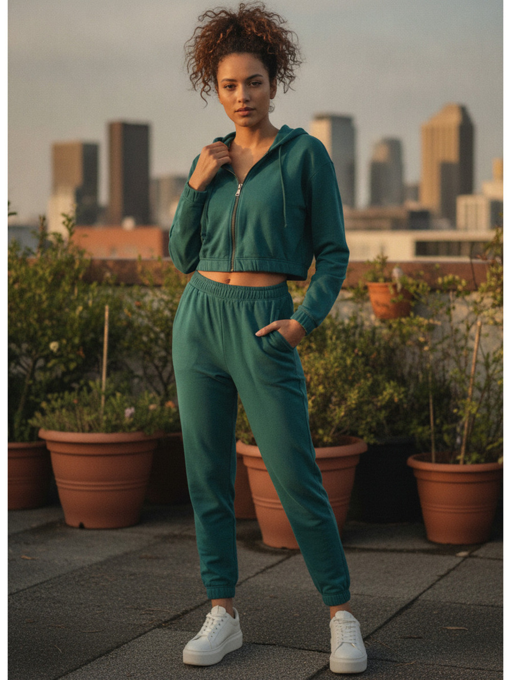 LOVEDO Women's Teal Green Cropped Zip-Up Hoodie and Jogger Sweatpants Set